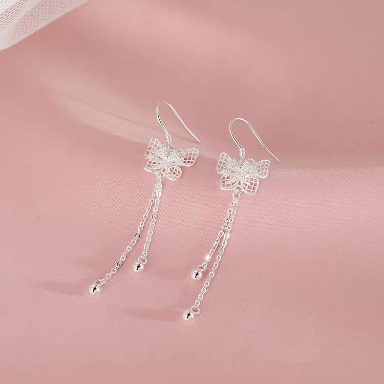 1 Pair 999 Sterling Silver Filigree Hollow Butterfly Long Tassel Drop Earrings, Elegant & Versatile, Perfect For Daily, Dating & Gifting, Ideal Valentine's Gift