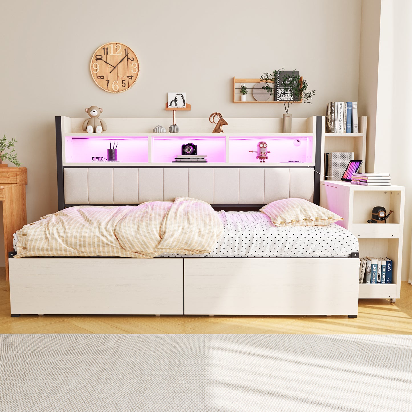 Iron Sofa Bed 90 X 200 Cm, With Versatile Storage Compartments & Lockers, Multifunctional Sockets & LED Lighting, Complete With Large Drawers And A Pull-out Desk, White