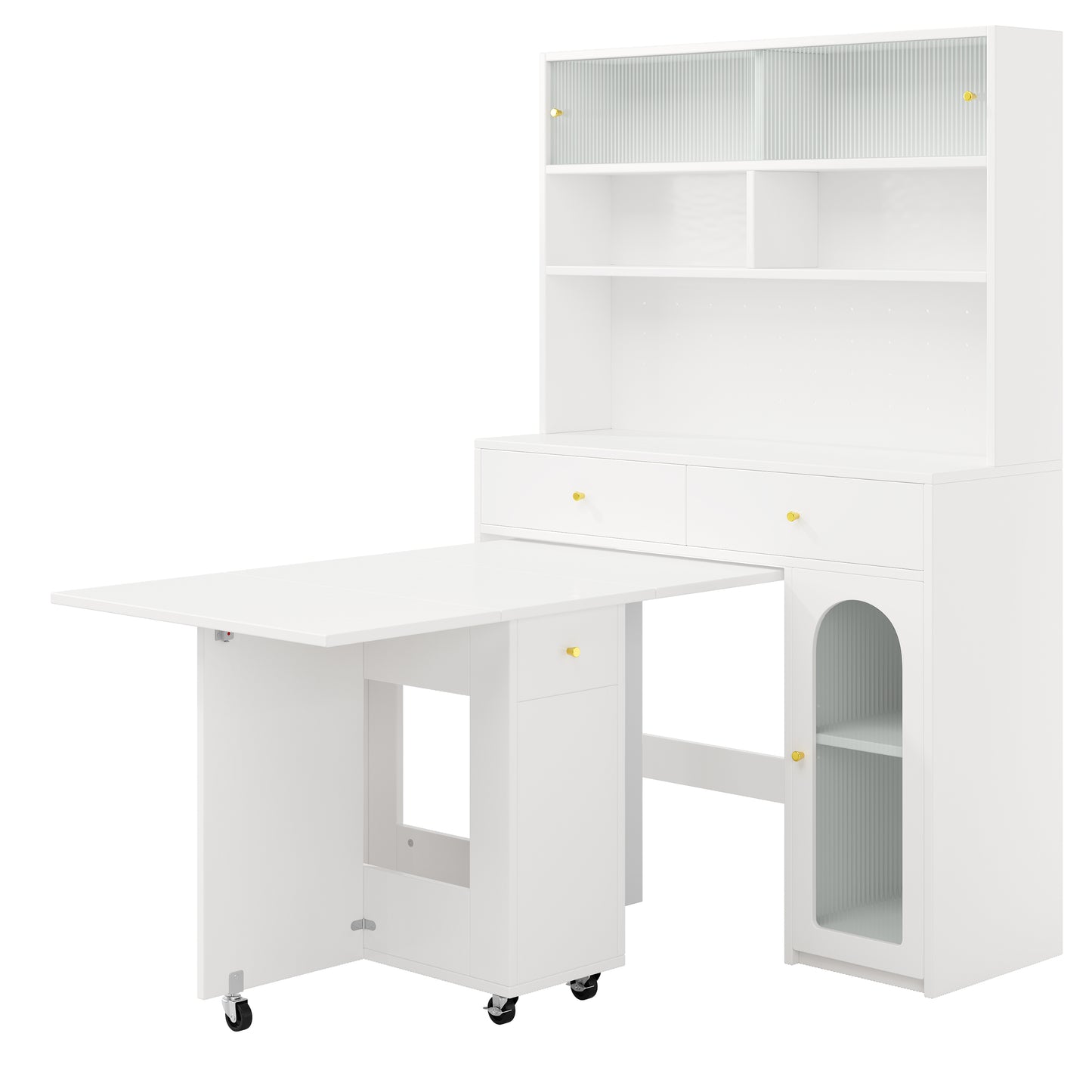 Kitchen Cabinet Set With Folding Dining Table And Bar Table, Mobile Dining Table On Wheels, Tall Cabinet With Storage Space, Furniture Set For Kitchen, Dining Room And Living Room, White
