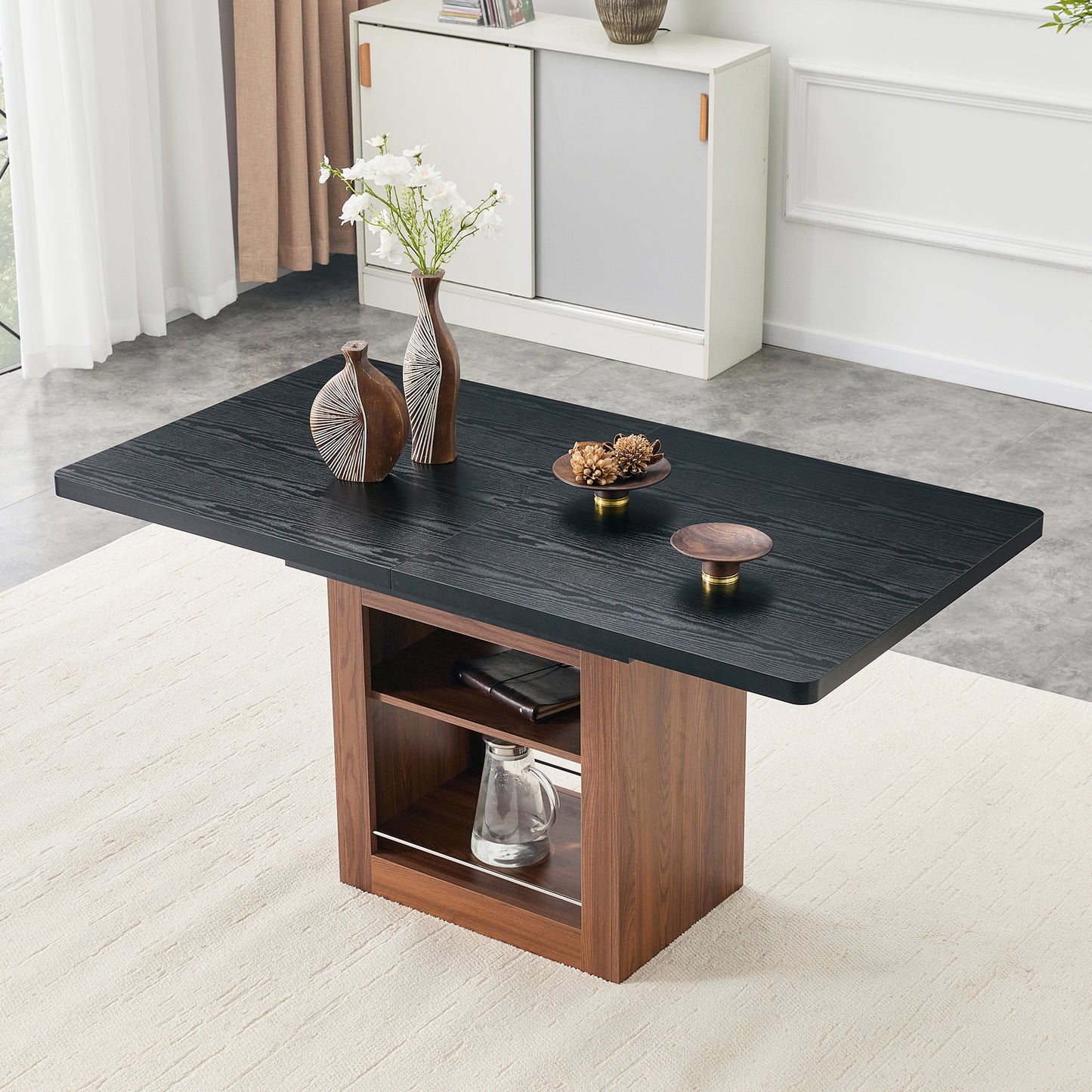 An Expandable Dining Table With Storage Space And A 59 Inch To 71 Inch Expandable Kitchen Dining Table. Black Rectangular Pull Table With Sturdy MDF Frame In Walnut Color,  Accommodating 4-8 People.