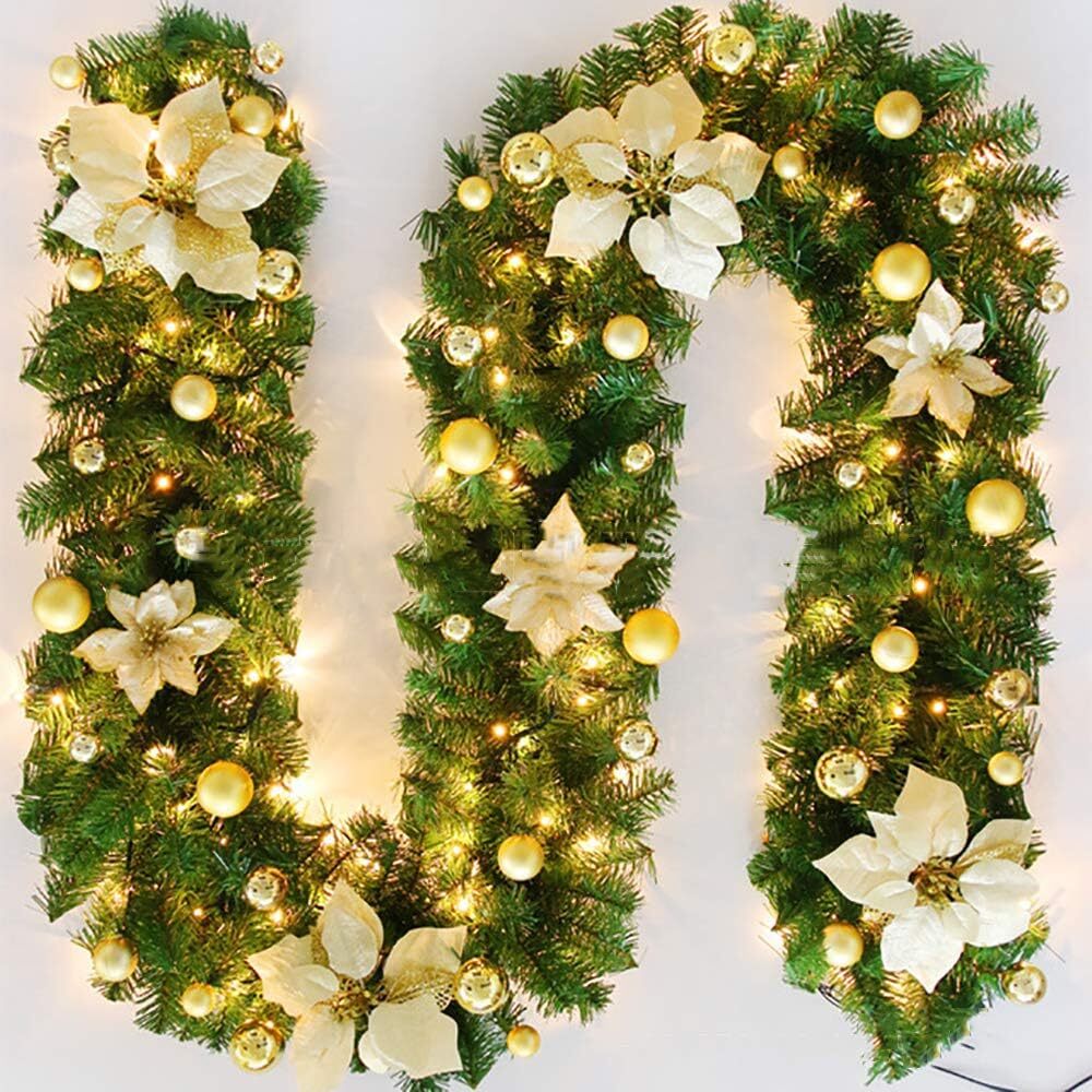 9FT Xmas Christmas Garland Artificial Wreath With LED Lights Stairs Home Rattan,The Style Shipped Is The Same As The Color In The Main Picture.