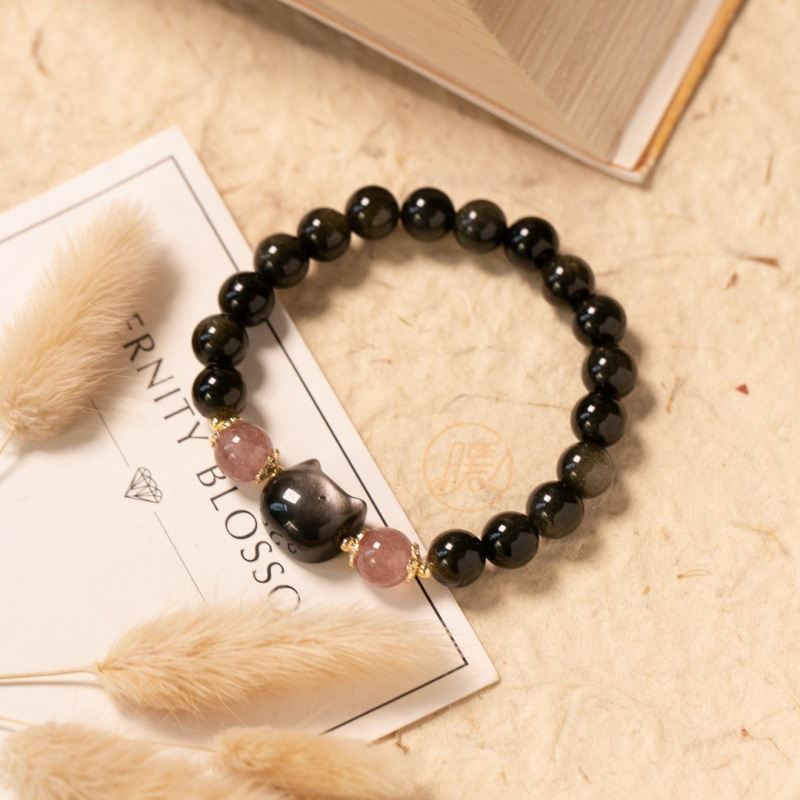 Single Circle Natural Obsidian 8mm Bracelet Paired With Kitten Accessories