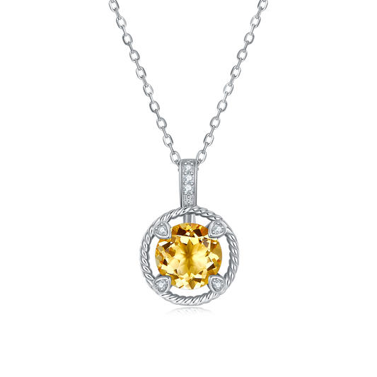 S925 Sterling Silver Necklace, 8mm Natural Citrine Round Pendant, Platinum Plated Rope Design Chain 2.6g, Elegant Women's Jewelry Gift Box