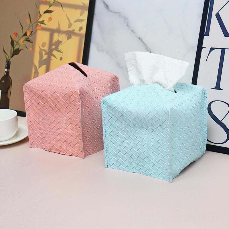 Leather-woven Checkered Tissue Box Dining Table Napkin Holder Tissue Storage Pouch