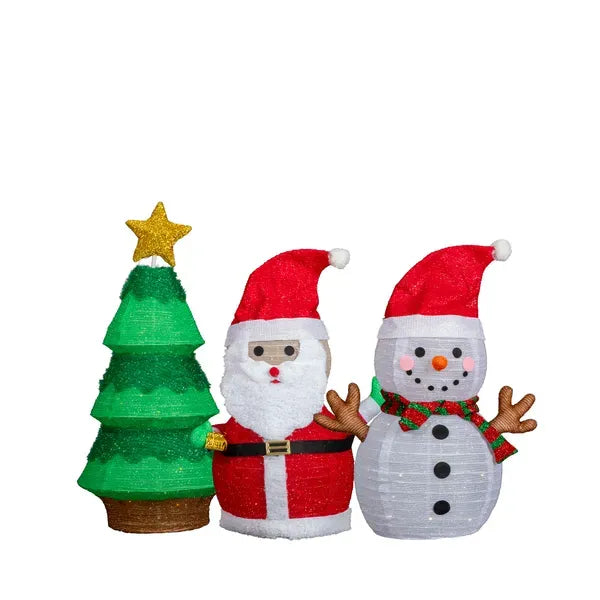 Set Of 3 Lighted Santa And Snowman And Xmas Tree Christmas Decorations, Pre-lit Pull Up Holiday Decor With 150 Warm White LED Lights For Xmas Outdoor Indoor Decor Lighted Holiday Displays