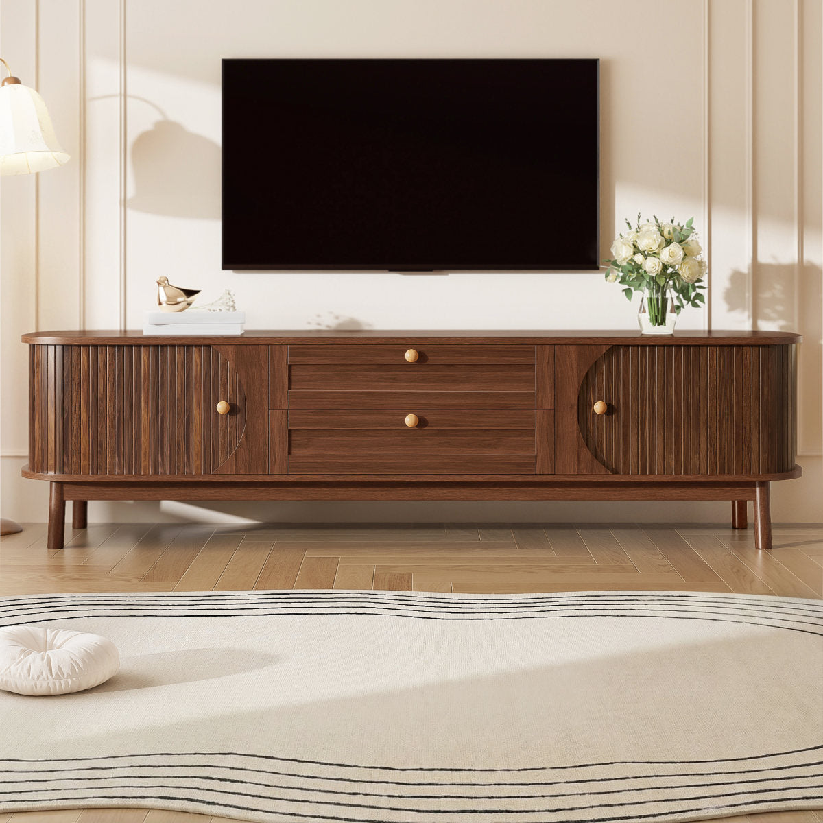 Modern TV Cabinet In Wood Look With Drawers And Storage Compartments, Rounded Corners, Sturdy Wooden Legs, TV Cabinet With Storage Space For The Living Room