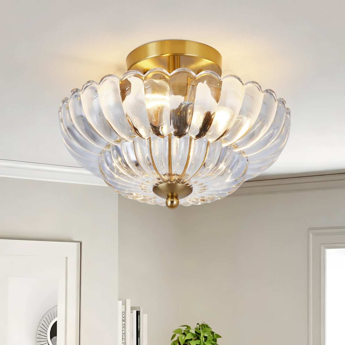 11.8 inch Semi Flush Mount Ceiling Light, 3-Light Close to Ceiling Light Fixtures with Flower Glass, Vintage Ceiling Lights for Hallway Living Room Kitchen Bedroom Bathroom, Clear