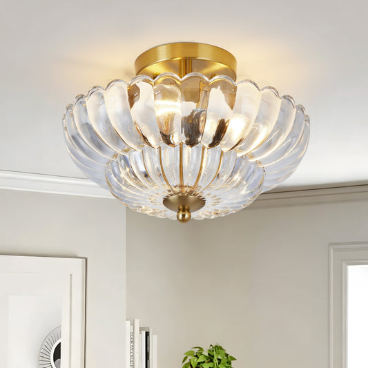 11.8 inch Semi Flush Mount Ceiling Light, 3-Light Close to Ceiling Light Fixtures with Flower Glass, Vintage Ceiling Lights for Hallway Living Room Kitchen Bedroom Bathroom, Clear