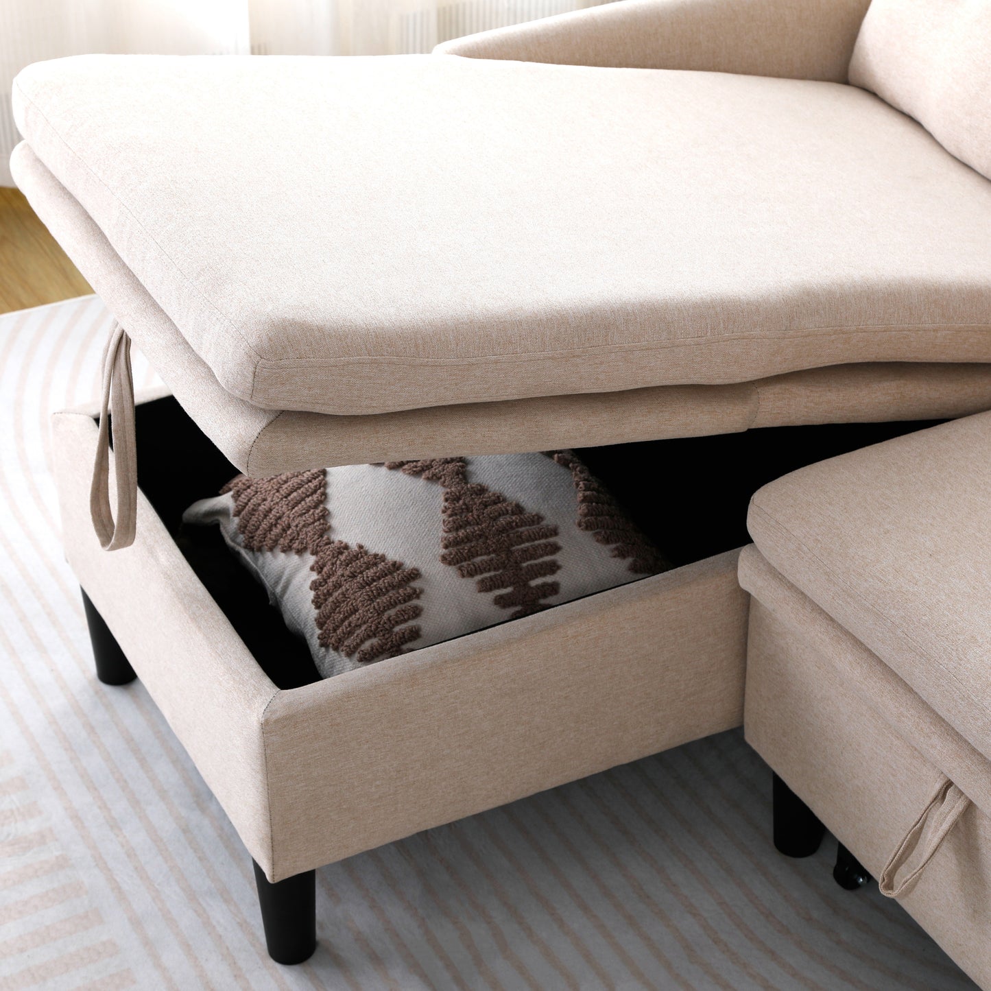 L-Shaped Reversible Chaise Sectional Sofa With Storage - Cotton-Linen, Beige, Office & Apartment Ready
