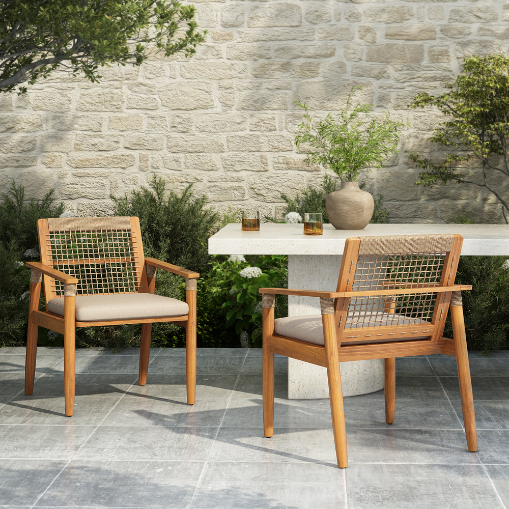 Outdoor Dining Chairs Set Of 2, Acacia Wood Patio Armchair With Multi Brown Rope Design Back And Arms And Beige Washable Cushion,for Backyard, Poolside, Garden,Light Teak