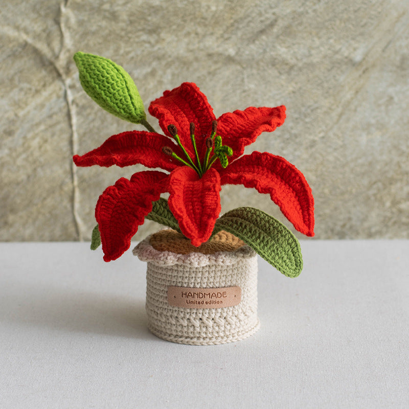 Hand-knitted Lily Yarn Potted Flower Bouquet Ornament Yarn Planter Gift