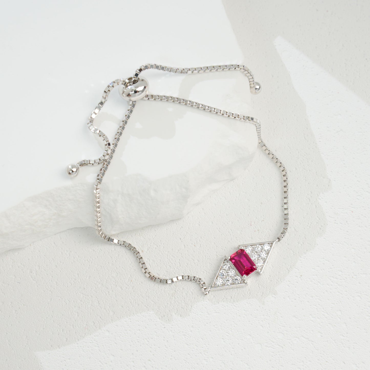 S925 Sterling Silver Rectangle 6x4mm Lab-Grown Emerald Ruby Bracelet 22cm Slider Adjustable Platinum Plated Gift Box