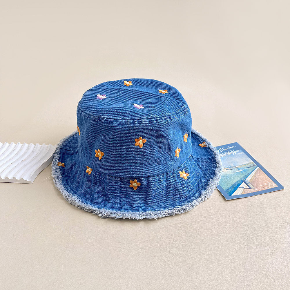 Retro Washed-edge Denim Fisherman Hat With Embroidered Strawberry Flowers And Washed-edge Trim. Outdoor Casual Sun Hat