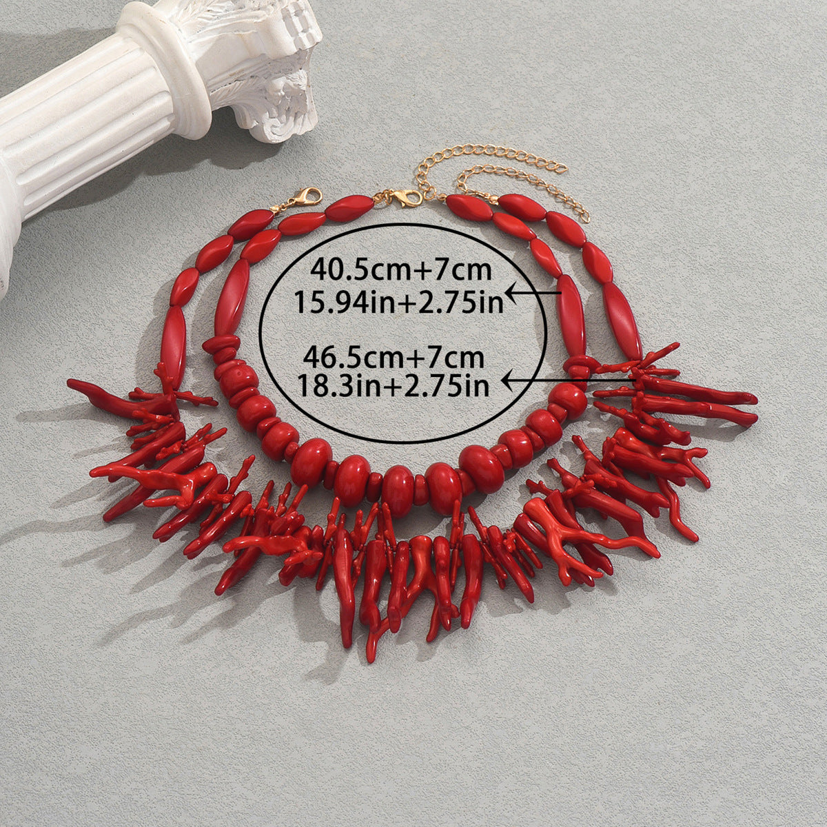 European American Fashion Women Two-Piece Jewelry Set, Versatile Multi-Layer Long Clavicle Necklace With Coral Geometric Pendant, Daily Neck Accessories
