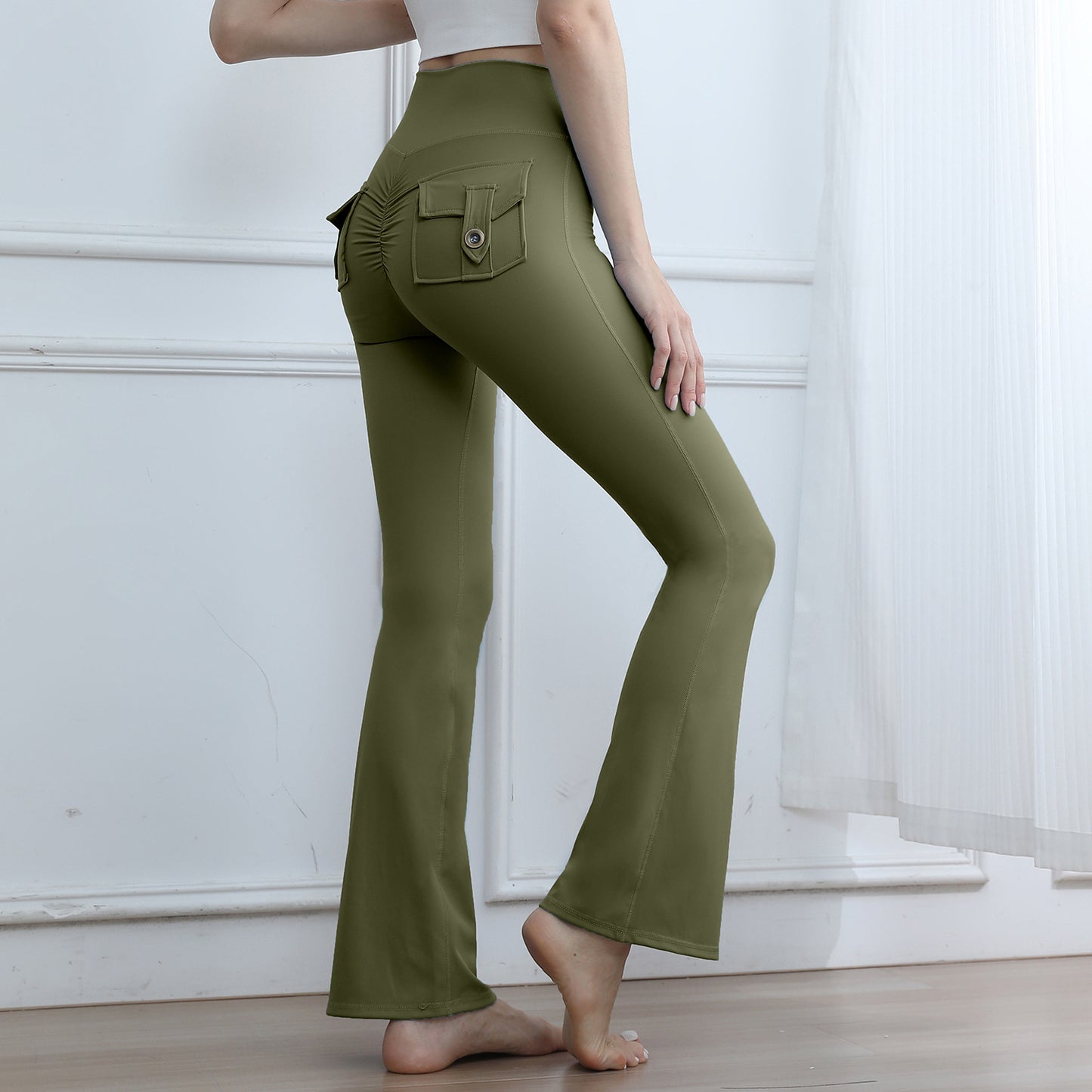Women's High-Waisted Cargo Pocket Peach Butt Yoga Pants For Autumn And Winter, European & American Style, Stretchy Lifting Butt Quick-Dry Athletic Leggings For Running And Fitness