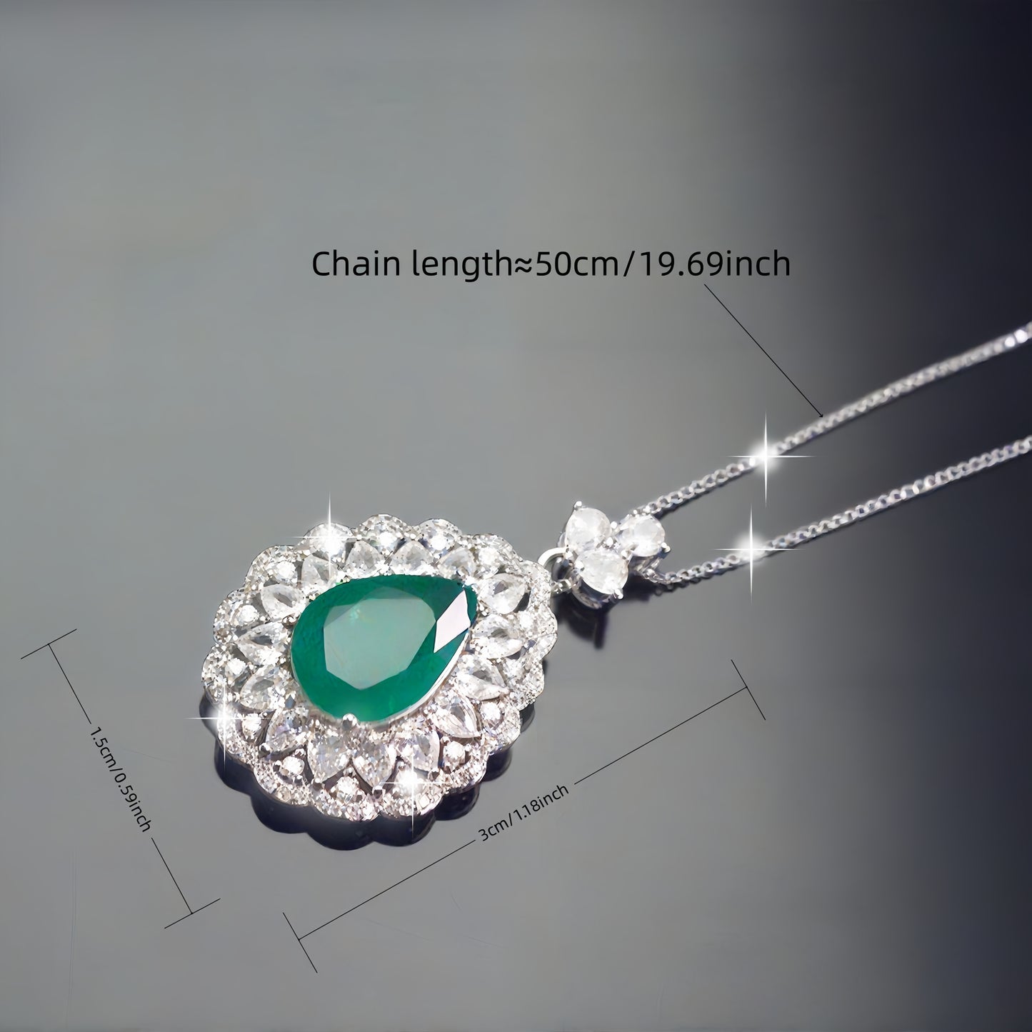 Pear Cut Simulated Emerald Double Halo Pendant Necklace For Women, Copper Plated Silver Pear Shape White Cubic Zirconia Vintage Floral Royal Bridal Wedding Statement Jewelry Gift