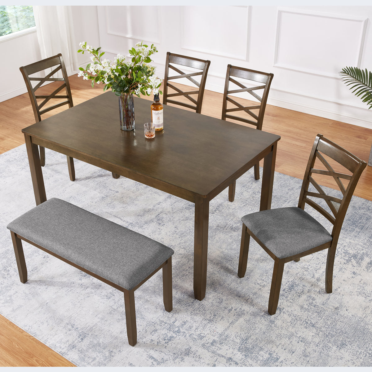 Elegant 6-piece Wooden Dining Table Set with 4 Chairs and a Bench. Modern Dining Table Set for 6 People, Rectangular Dining Table Set for Living Room, Kitchen and Dining Room, Walnut