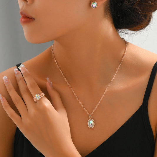 Cross-border European American Women Jewelry Set, Niche Inlaid Cubic Zirconia Necklace, Plain Band Ring & Matching Earrings, Premium Texture Versatile Daily Accessories
