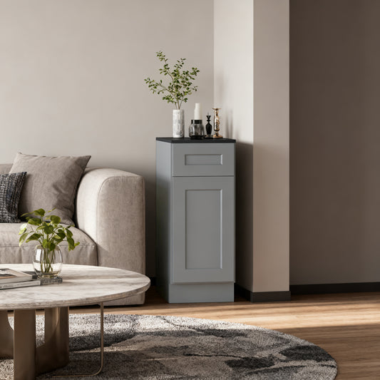 15  Gray Shaker Base Cabinet With Soft-Close Door,Drawer,Space-Saving Solid Wood Unit With Adjustable Shelf For Kitchen, Bath, Laundry, Garage  15 W X 24 D X 34.5 H