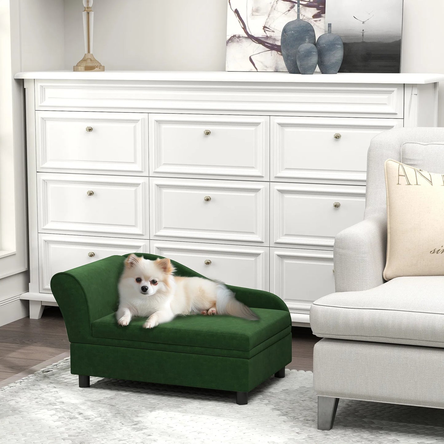 Pet Sofa Bed For Cats And Small Dogs With Storage, Comfortable Pet Couch With Hidden Storage Compartment, Soft Cushioned Indoor Dog Sofa Bed, Green