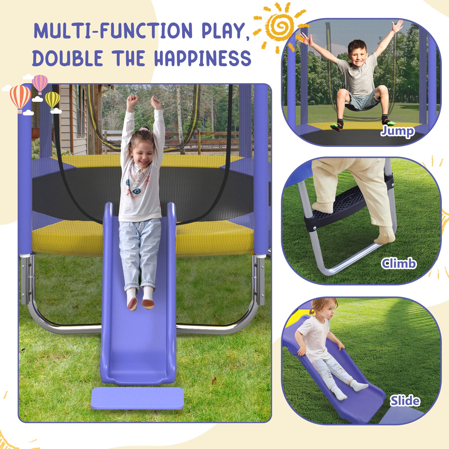 7FT Trampoline For Kids With Safety Enclosure Net, Slide And Ladder, Easy Assembly ,Regular Hexagon Outdoor Recreational Trampoline, Purple