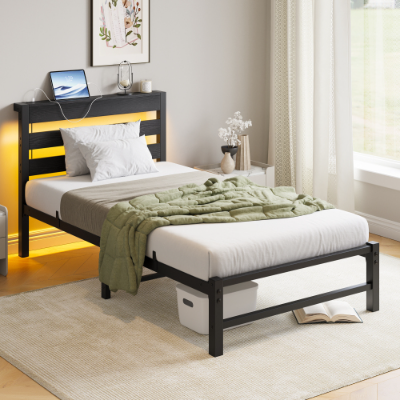 Twin Size Bed Frame Heavy Duty Platform Bed Frame With Headboard, USB Charging Station, LED Bed, No Box Spring Needed, Mattress Foundation, Strong Steel Slats, Noise Free, Black