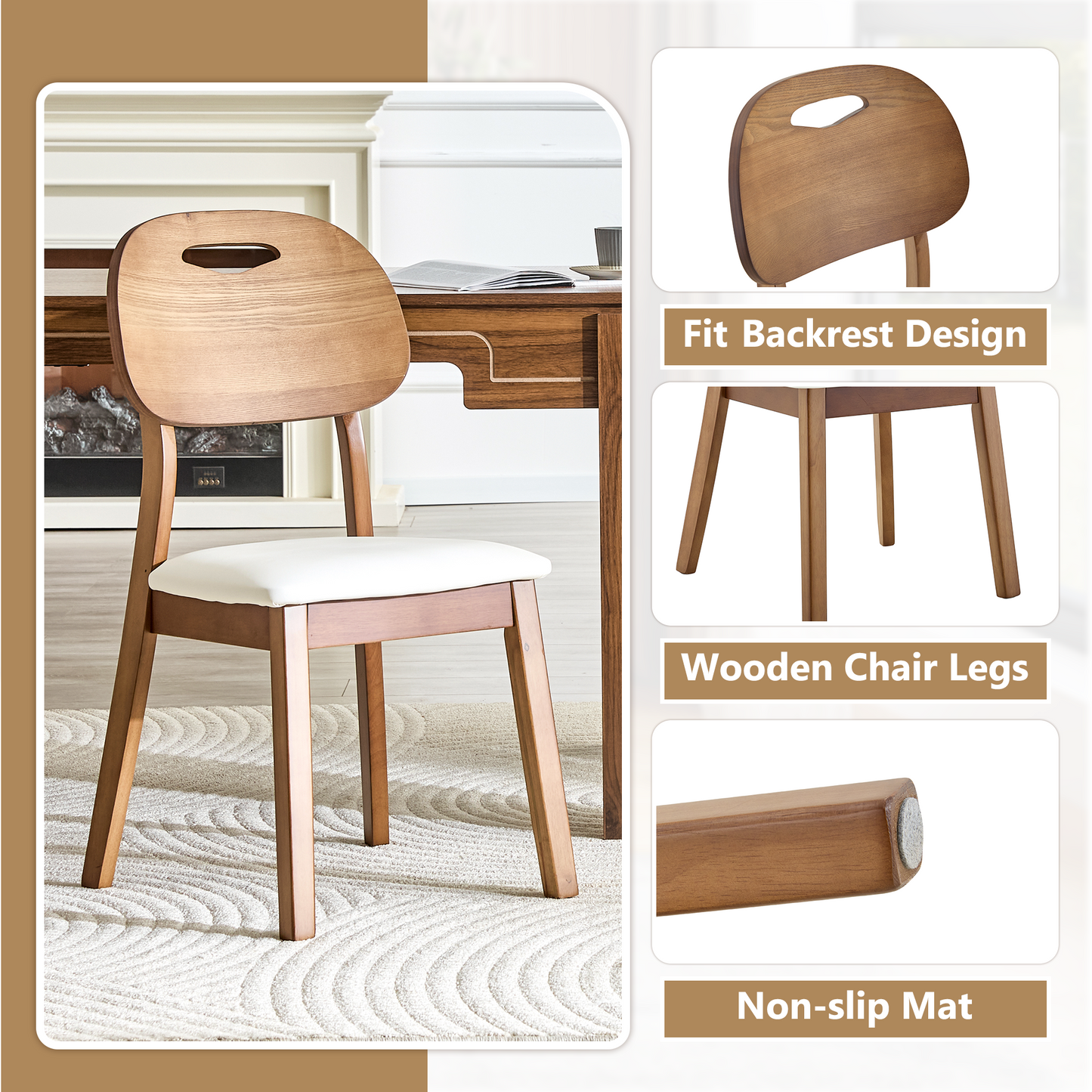 2 Walnut Colored Solid Wood Dining Chairs, White PU Soft Seat Cushions, Hollowed Out Backrests, And Home Dining Chairs.