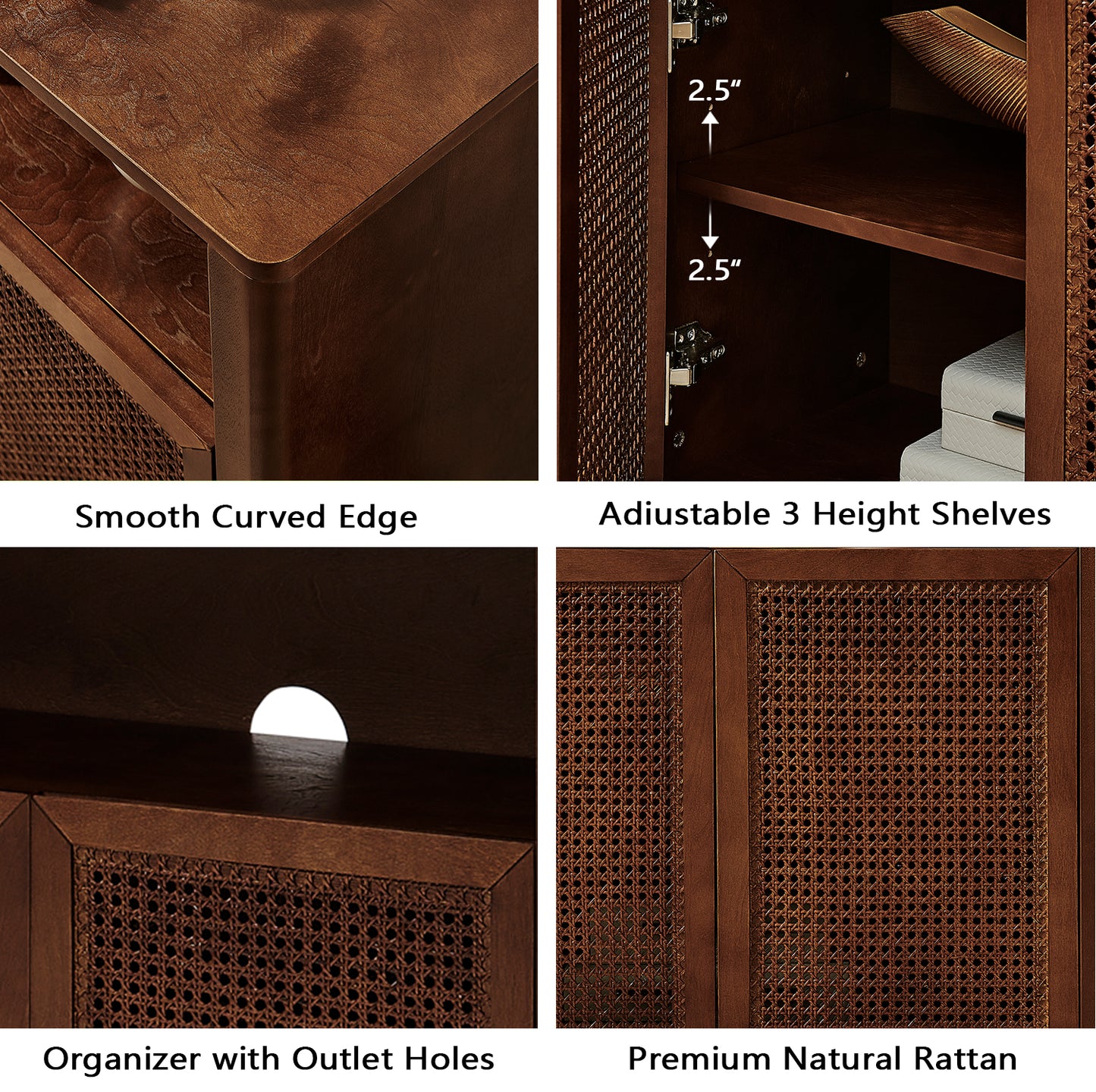 63  Mid Century Modern Rattan Sideboard Buffet Cabinet With Storage, Retro Coffee Bar Wine Bar Credenza, Large Media Console Table For Living Room Entryway Kitchen, Walnut