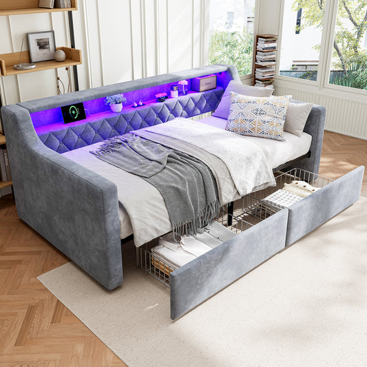 Upholstered Bed, 3FT Single Bed 90x190cm, Daybed Sofa Bed, With Light Strip, Charging Port, 1 Type A -1 Type C, 2 Drawers On Wheels, Youth Bed, For Adults & Teenagers, Easy Assembly, Velvet, Grey