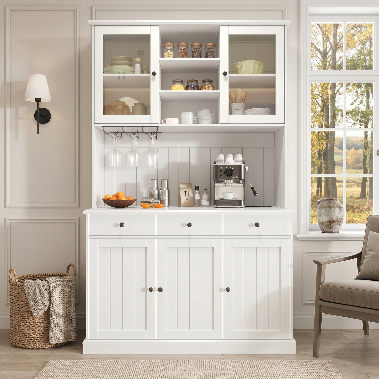 Kitchen Cabinets   120 X 40 X 191 Cm  , Tall Kitchen Cabinets, Sideboards,  Features Include A Power Outlet   2 Power Outlets  USB-A  USB-C   And A Wine Glass Holder, Adjustable Shelves,  White