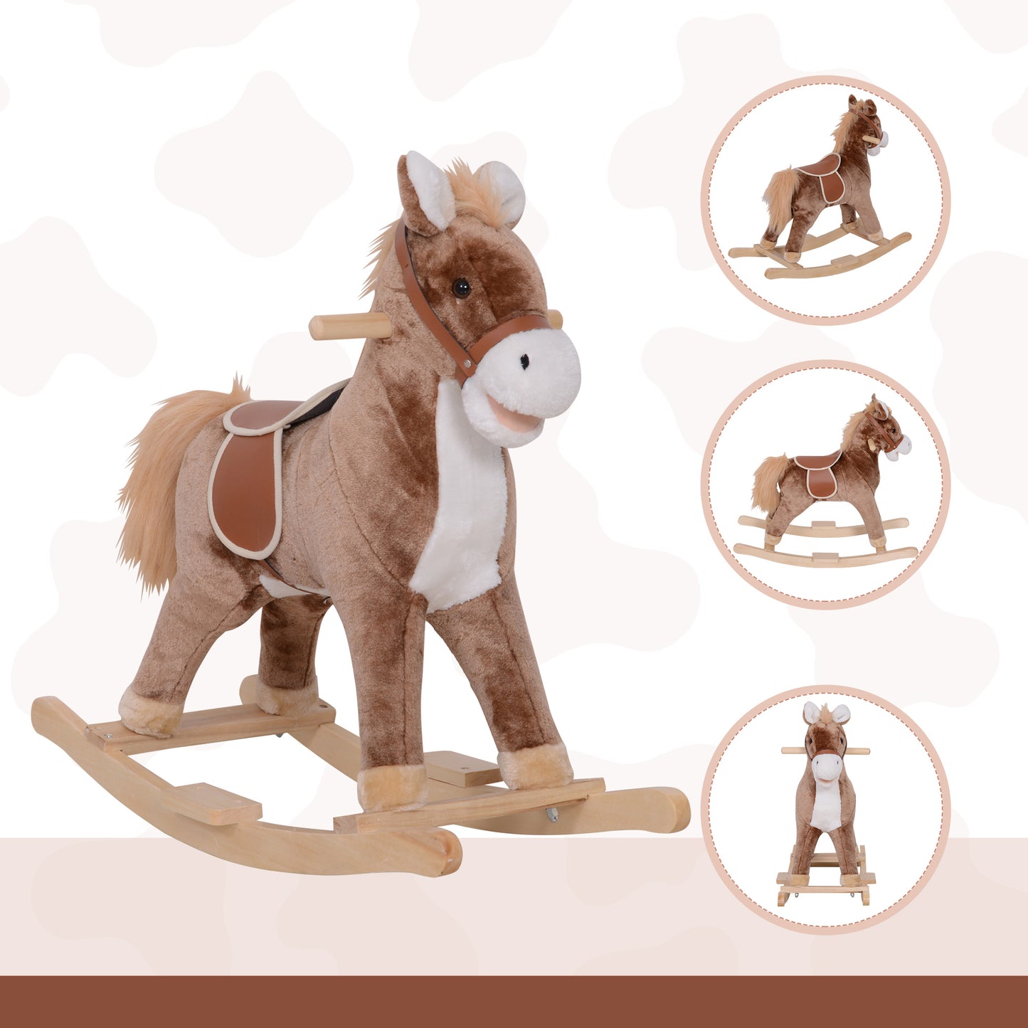 Kids Rocking Horse with Soft Plush Body, Wooden Base & Handle Grip for Years 3+