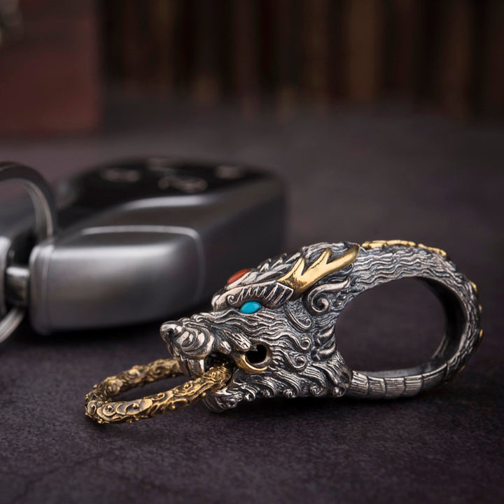 1pcs 925 Sterling Silver Dragon Head Keychain, Retro Punk Style, For Daily Use & Car Key Holder, Unique Gift For Men
