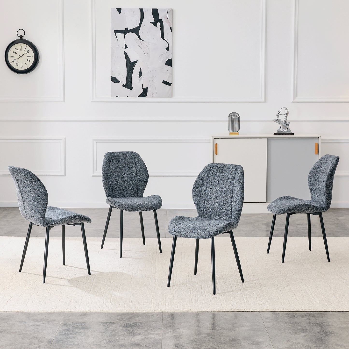 4-pack Of Modern Minimalist Dining Chairs In Smog Blue Fabric, Featuring Spacious And Comfortable Cushions.Black Metal Legs And Adjustable Feet, Suitable For Dining Room, Study & Office ,etc.