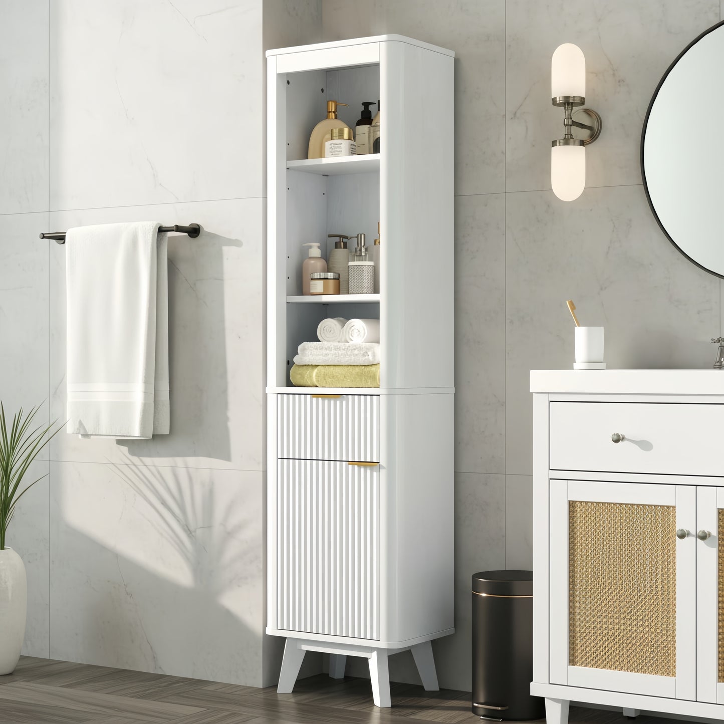 68  H Tall Bathroom Storage Cabinet With  Adjustable Shelves And One Drawer & Door, Storage Cabinet For Bathroom, Living Room, Entryway & Kitchen, White
