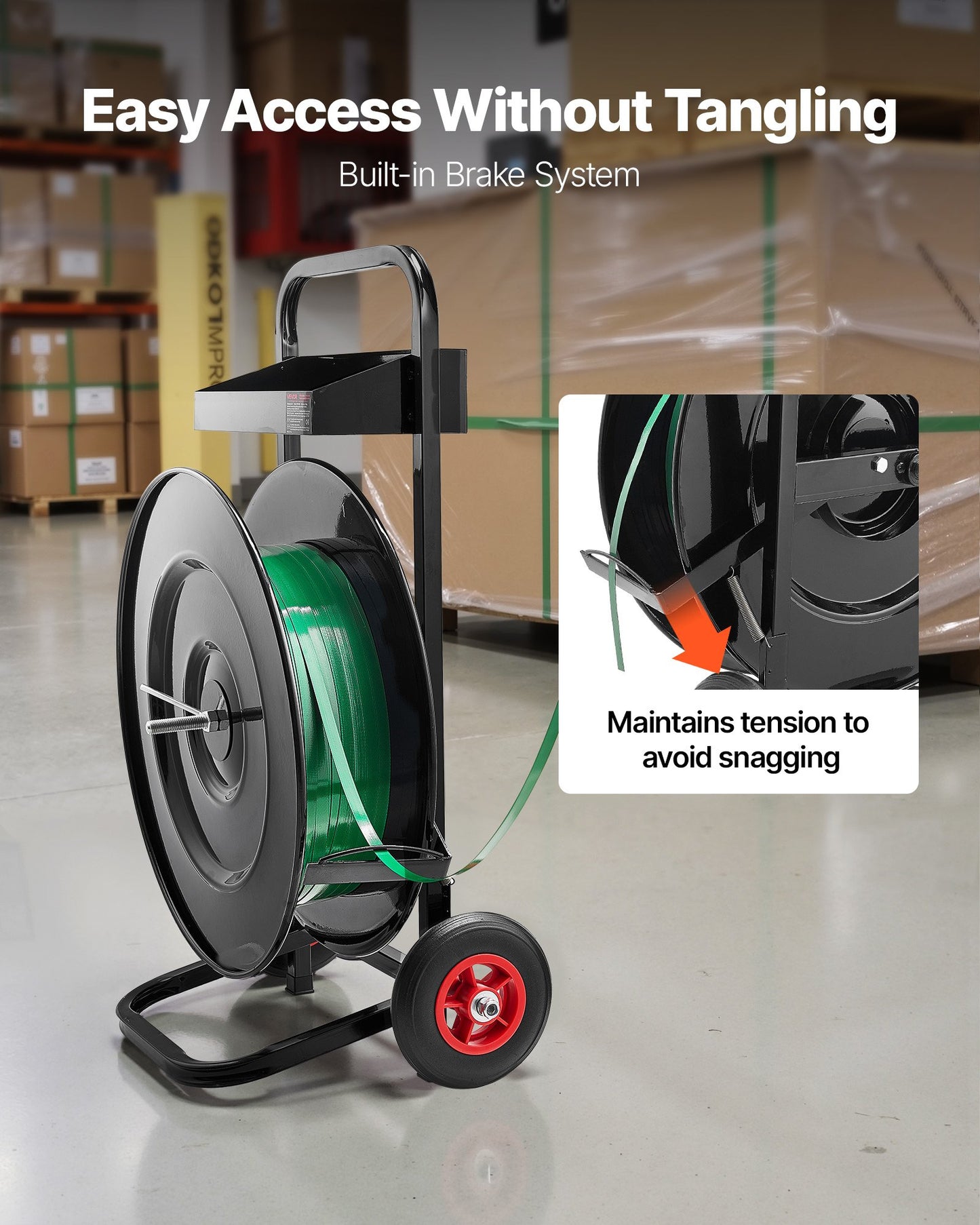 Banding Strapping Cart, Fit For PET/PP/Polyester Strapping Coils With 8 Or 16 In Core Size, Heavy Duty Strapping Dispenser Equipped With Upgrade Brake System, Built-in Spacious Tray For Tools