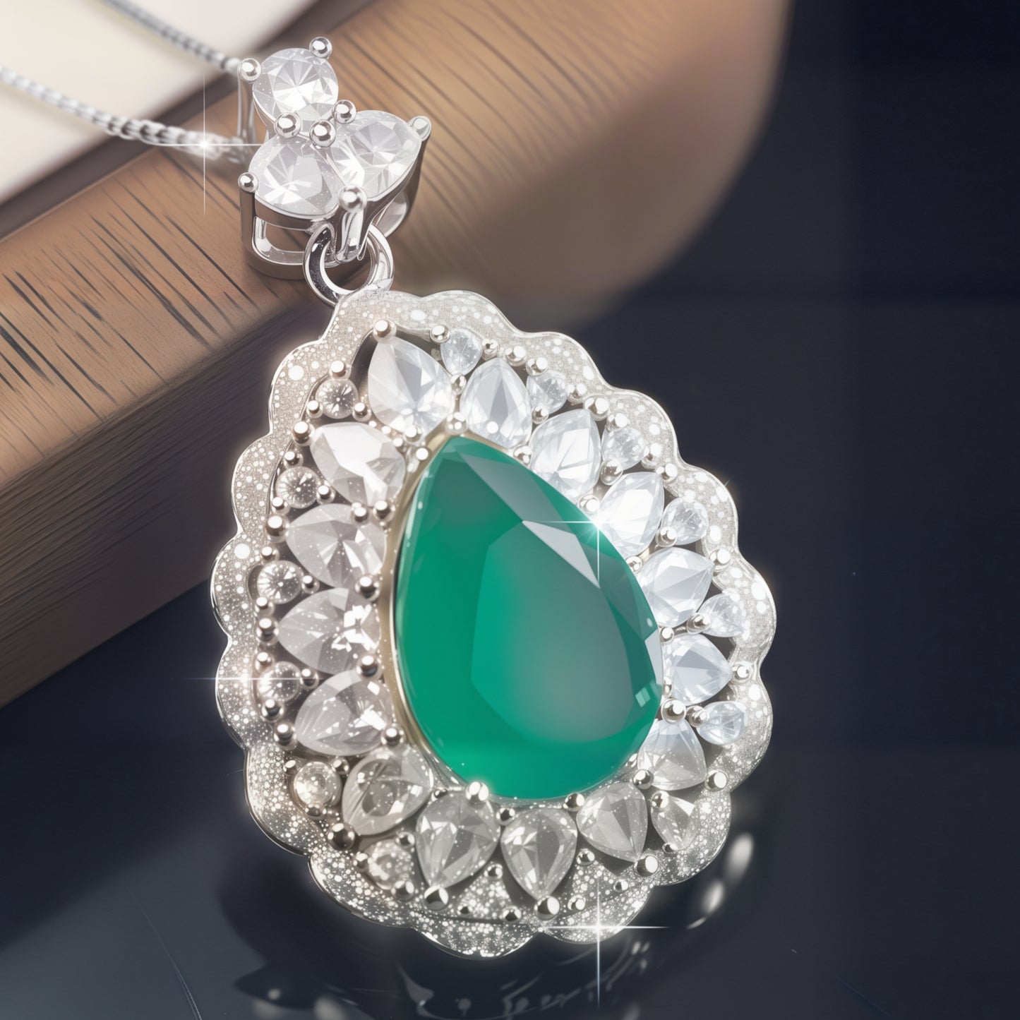 Pear Cut Simulated Emerald Double Halo Pendant Necklace For Women, Copper Plated Silver Pear Shape White Cubic Zirconia Vintage Floral Royal Bridal Wedding Statement Jewelry Gift