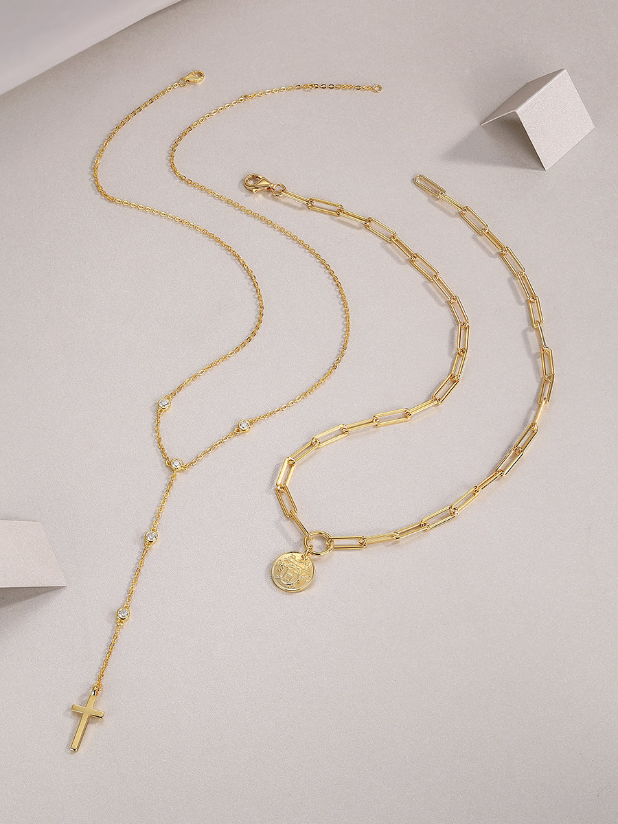S925 Sterling Silver 0.1ct Moissanite Layered Necklace 14.4g Cross Coin Pendant Y-Necklace 40cm Gold Plated GRA Certified Gift Box