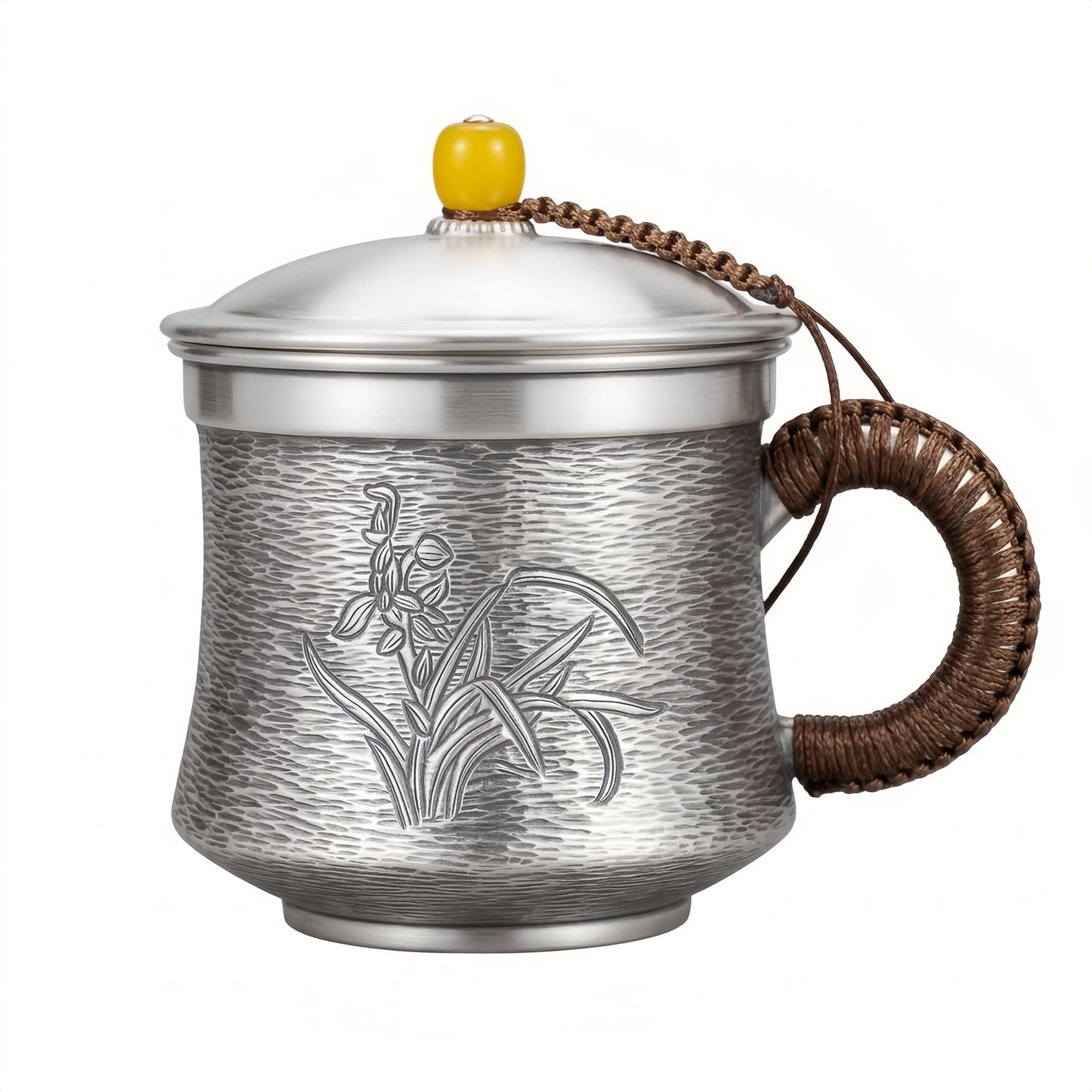 925 Sterling Silver Handcrafted  Teacup with Woven Handle and Elegant Orchid Design-Premium Tea Mug - Handicraft