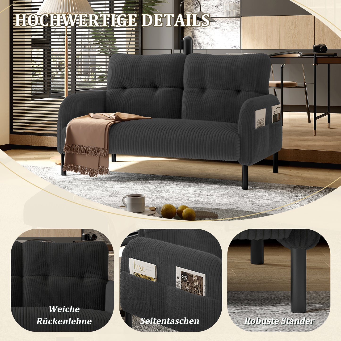 Corduroy Two-seater With Comfort Padding High Backrest & Side Pockets Metal Feet Integrated Side Pockets Inviting Softness With Optimal Support Perfect For Home Office Lounges