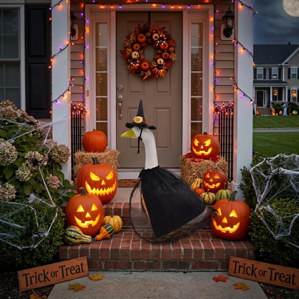 Halloween Porch Goose Outfits, Pumpkin Witch Black Cat Dress With Hat For 23'' Lawn Cement Plastic Goose Cute Porch Goose Outfit For Outdoor Garden Yard Decor