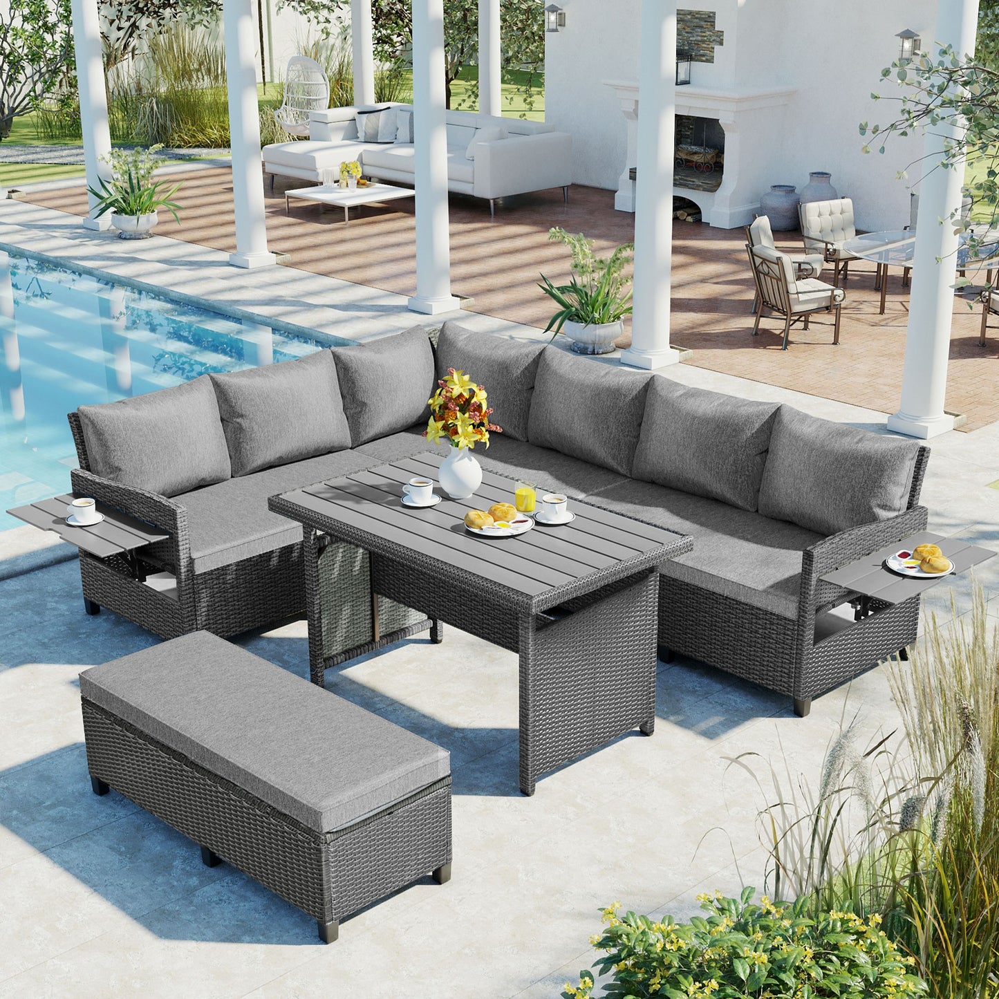 TOMAX 5-Piece Outdoor Patio Rattan Sofa Set, Sectional PE Wicker L-Shaped Garden Furniture Set With 2 Extendable Side Tables, Dining Table And Washable Covers For Backyard, Poolside, Indoor, Grey