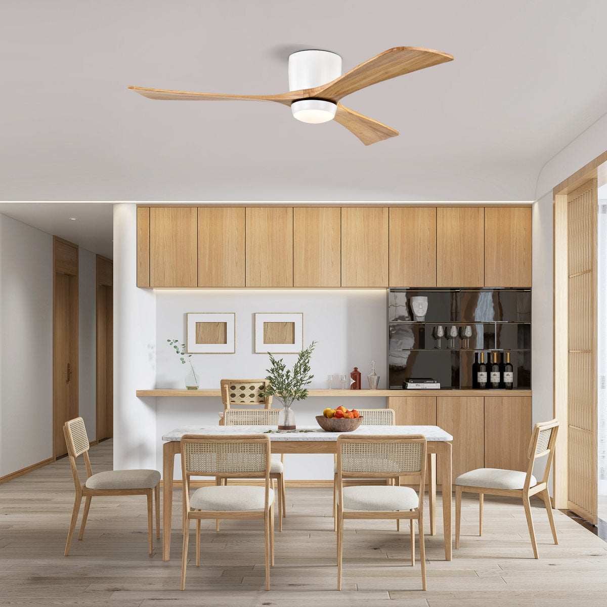 52  Flush Mount Solid Wood Blades Ceiling Fan With Lights Remote Control,Quiet DC Motor, 6 Speed ,Reversible Ceiling Fan For Patio Living Room, Bedroom, Office,Indoor. Matte White  Natural
