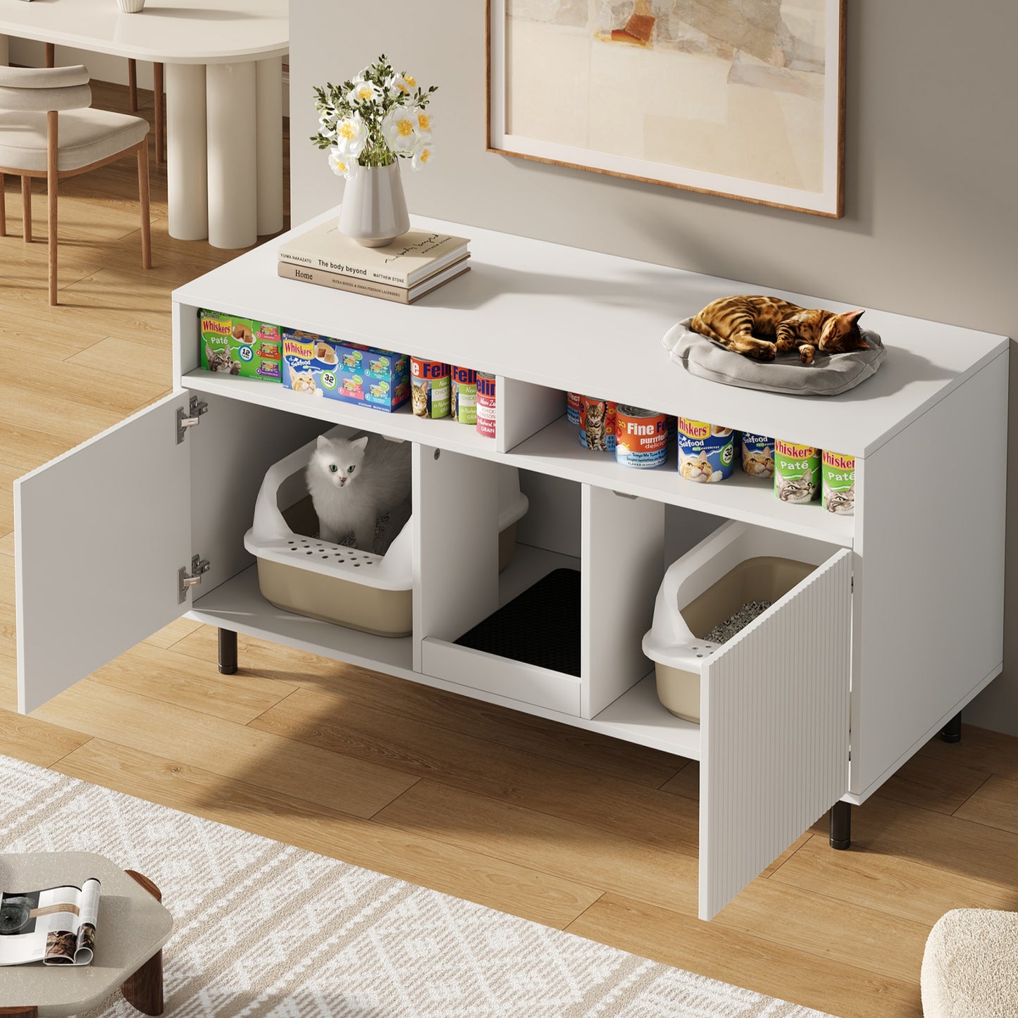 Cat Litter Cabinet Cat Litter Cabinet With Sand Collecting Mat, Pet Cabinet With Shelf, Pet Sideboard TV Cabinet, Without Cat Litter Tray, 120x50x66cm, White