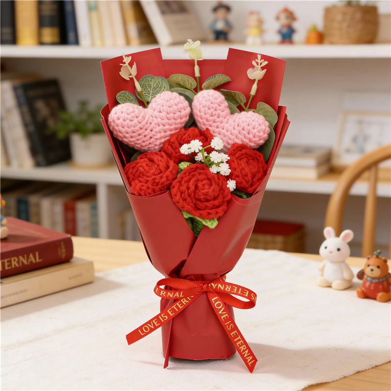 Handmade Crocheted Flower Bouquet, Heart Ornaments Matched With Red Roses And Baby's Breath, Soft Yarn Everlasting Knitted Bouquet, Indoor Home Decorative Ornament