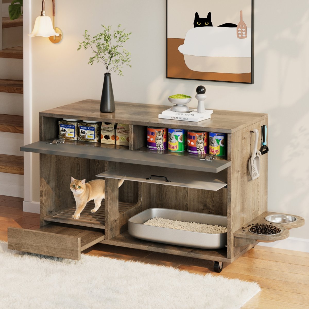 Movable Litter Box Cabinet  Litter Box Cabinet  With Cat Food Plates, Sand Drip Tray, Perforated Plate With Hook Holes, Without Litter Box, 1 0 0x45.5x67 Cm  Antique Grey-brown Colour, Oak Wood Colour
