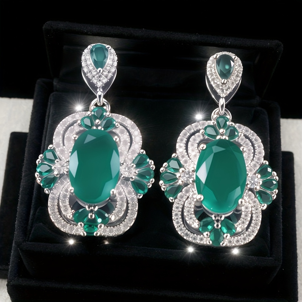 Vintage Oval Emerald CZ Floral Halo Drop Dangle Earrings For Women, Copper Silver Plated Multi Pear Green Crystal White Pave Stone Luxury Wedding Banquet Fine Jewelry Gift