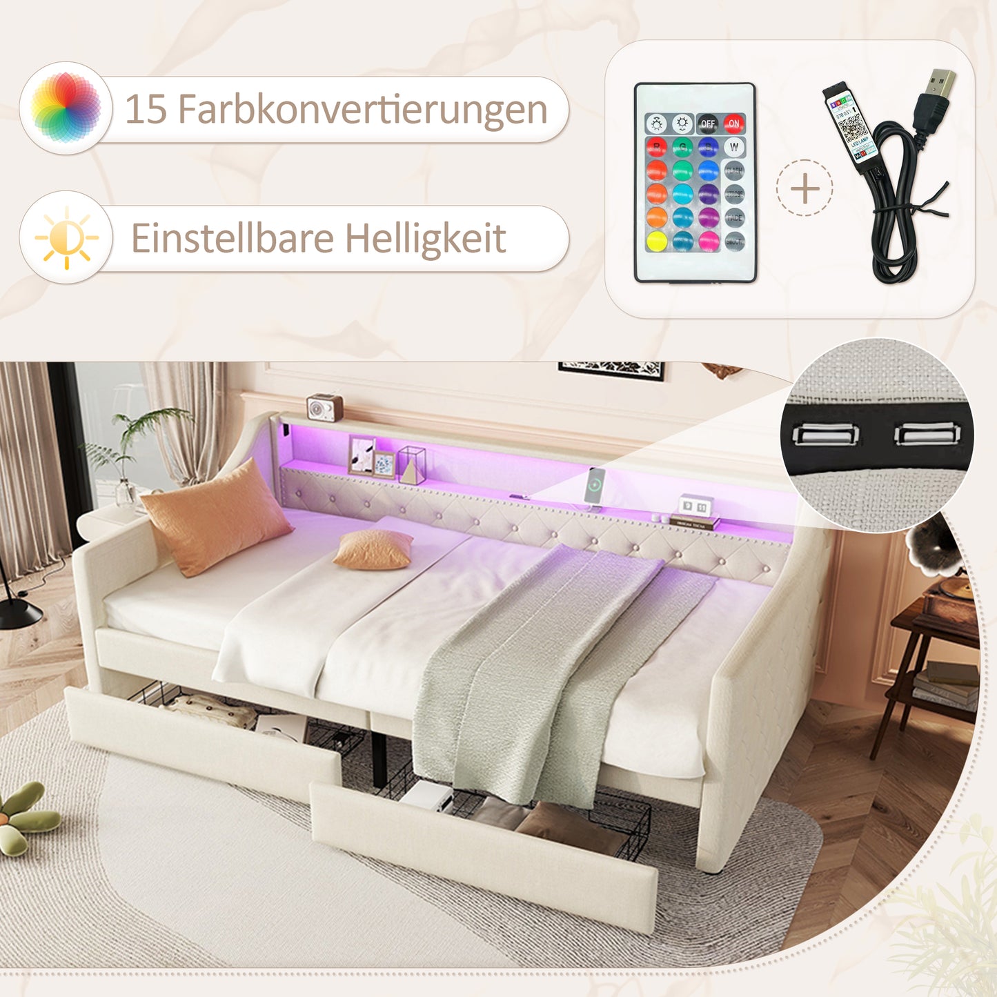 Daybed, 90 X 200cm, Sofa Bed, Daybed With Slatted Base  Without Mattress , Ambient Light With Remote Control, Bed With Two Drawers, USB Charging Socket, Linen, Beige