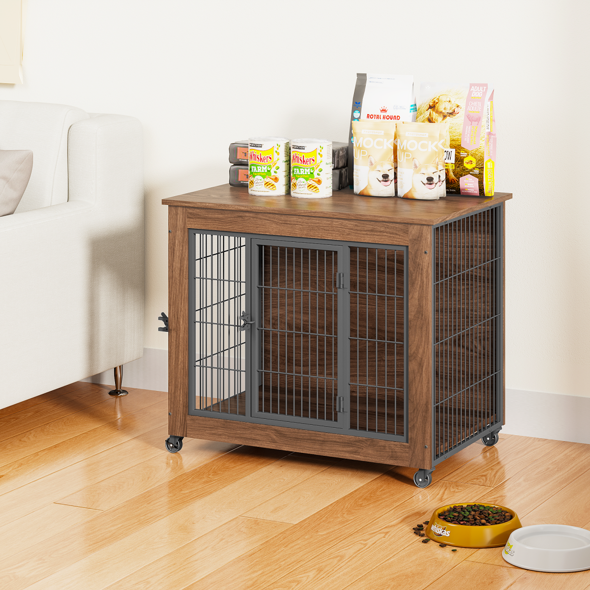 32.5 Dog Crate Furniture With Wheels For Small Dogs, Heavy Duty Dog Kennel Indoor With 2 Doors, Wooden Pet Cage End Table, Double-Doors Sturdy Metal Dog Cage For Anxiety Dog