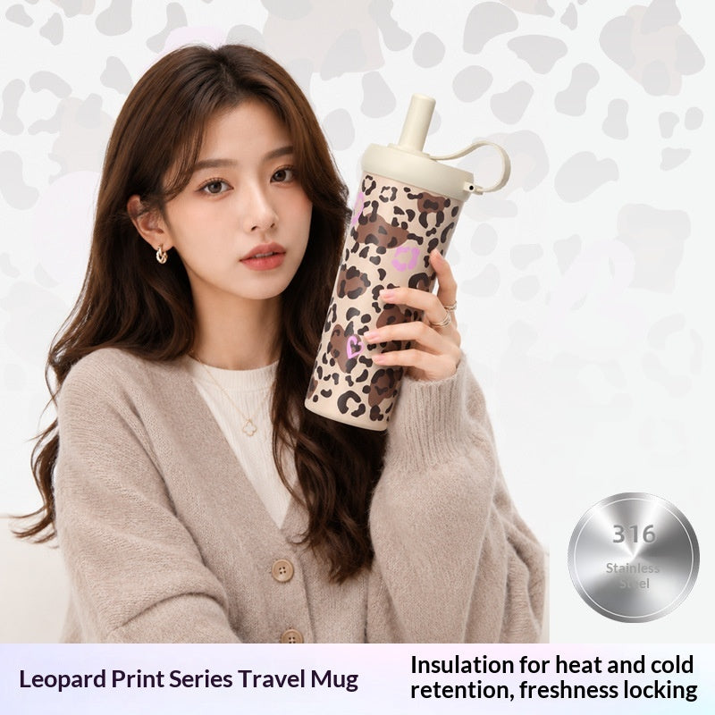 Ice Boss Cup Stainless Steel Outdoor Mug Leopard-print Portable Straw Water Bottle