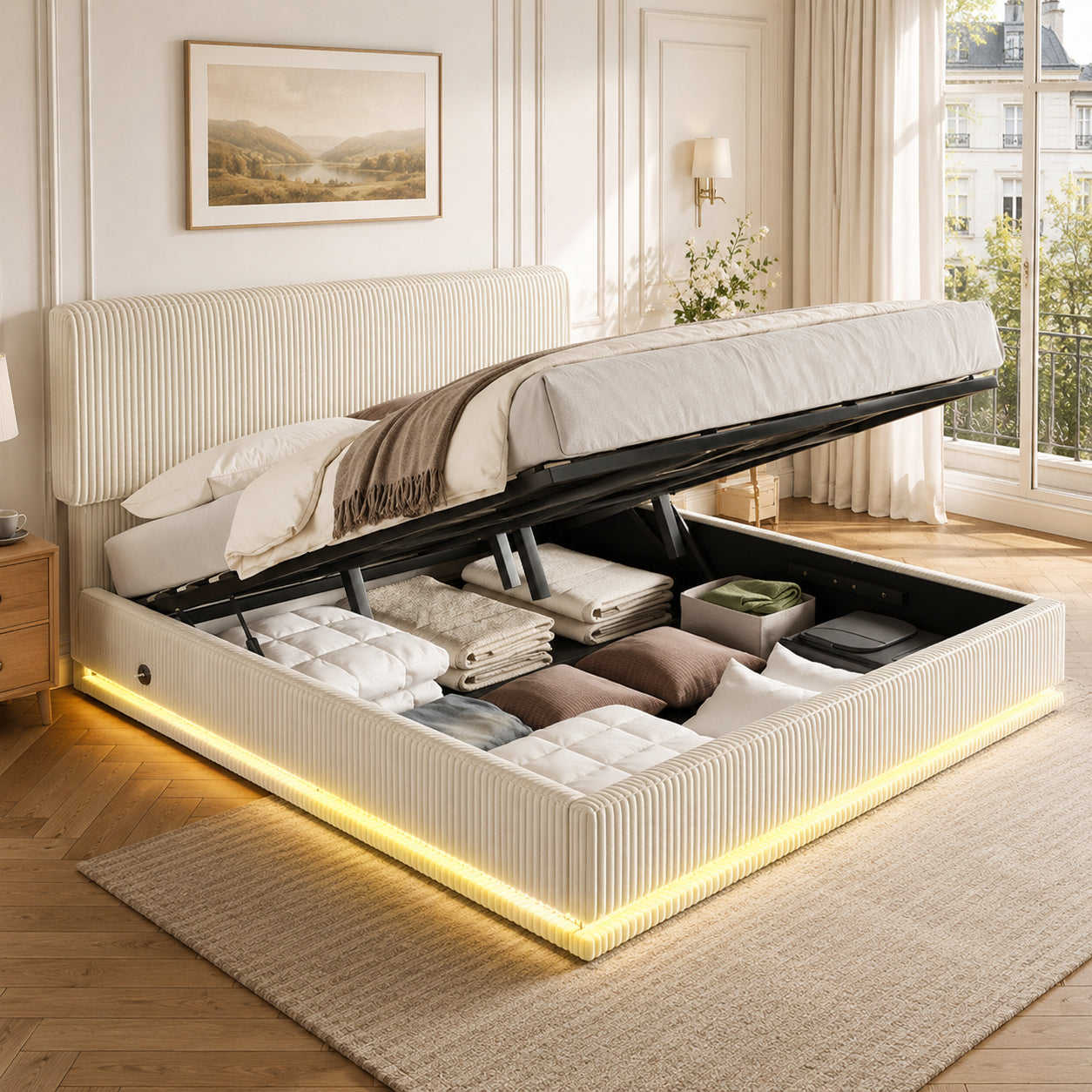 Modern Upholstered Beds With LED Lighting And USB-C Charging Function, Height-adjustable Headboard, Corduroy Fabric, Sturdy Slatted Frame, Large Underblanket Storage Space And Comfortable Upholstered